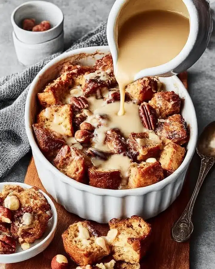 Espresso Orange Brioche Bread Pudding with Hazelnut Vanilla Sauce