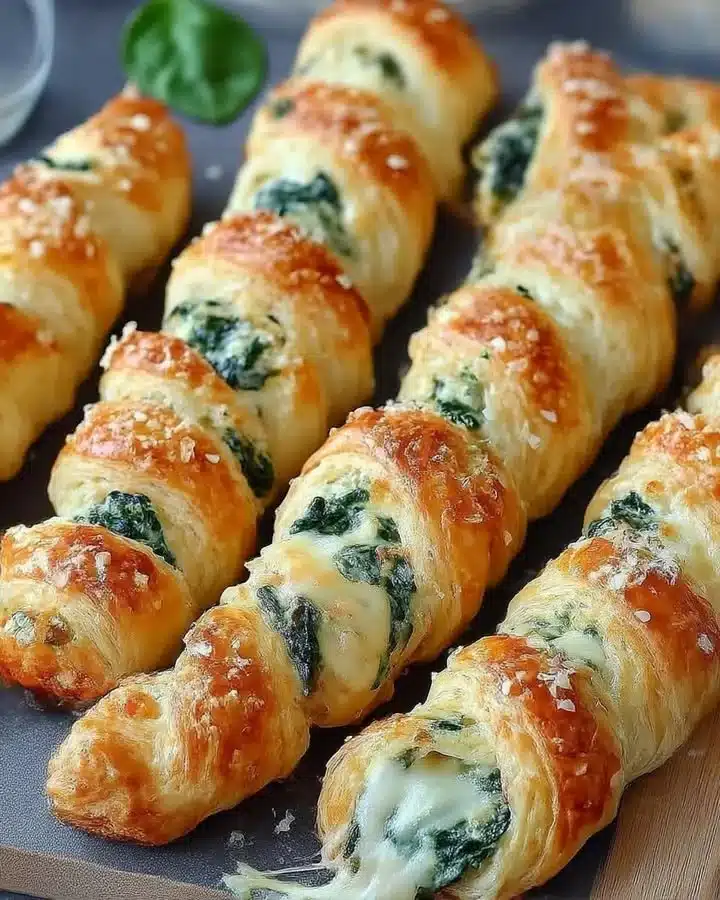 Flaky garlic parmesan twists filled with spinach and melted mozzarella cheese