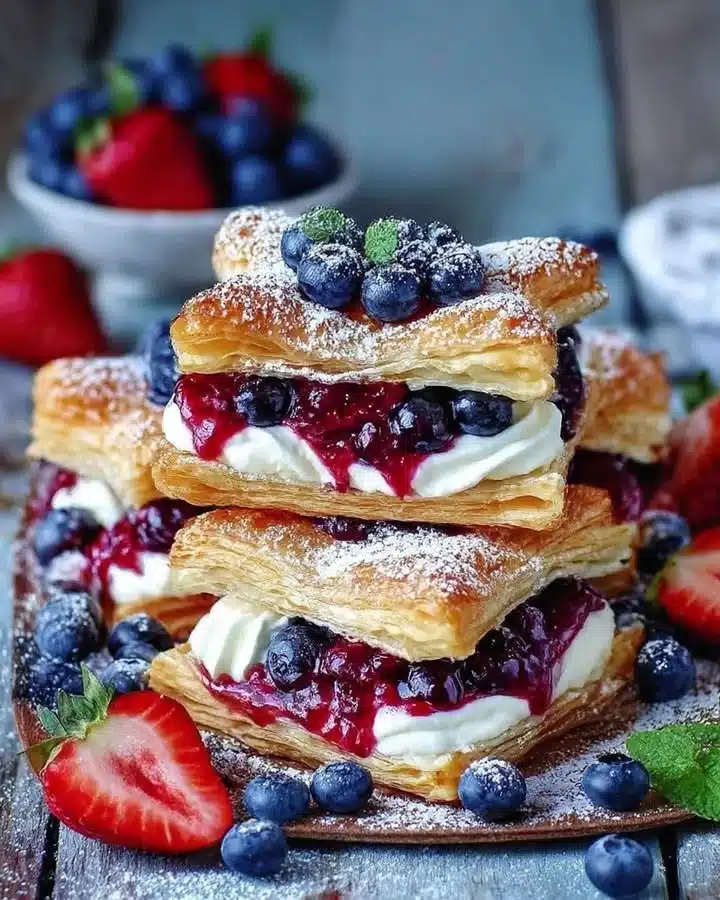 Flaky puff pastry squares filled with creamy vanilla and decorated with fresh summer berries.