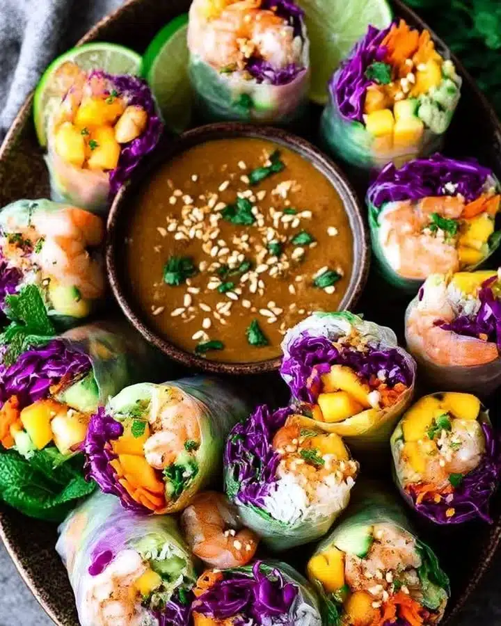Fresh shrimp mango rice paper rolls served with lime peanut sauce