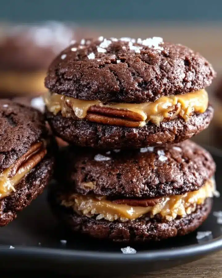 German Chocolate Whoopie Pies with creamy coconut frosting and rich chocolate cake