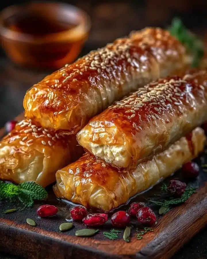 Golden baked feta rolls drizzled with sweet cranberry honey on a plate.