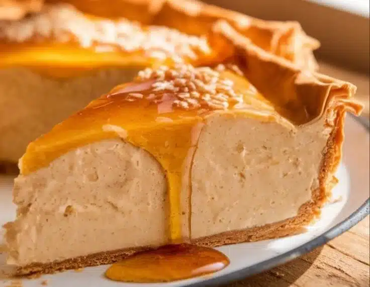 Golden Greek Honey Pie garnished with walnuts and drizzled with honey