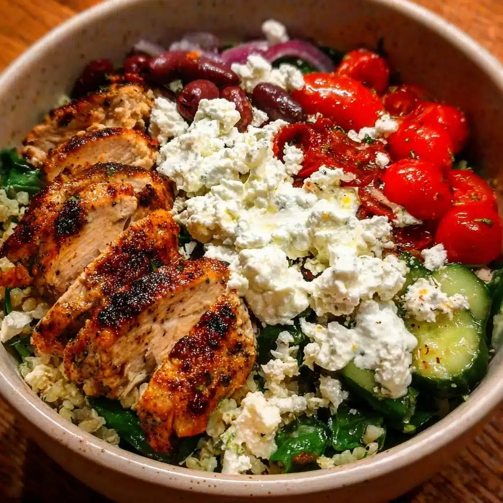 A colorful Greek Chicken Bowl topped with fresh vegetables and feta cheese