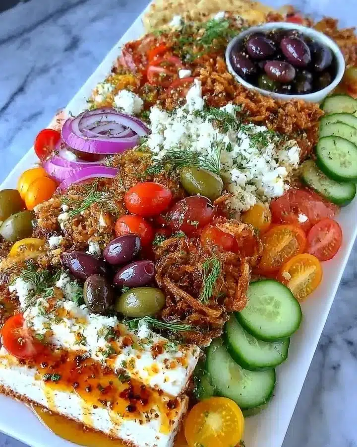 Greek feta board with hot honey and crispy fried onions for an appetizing display