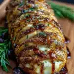 Hasselback celery root baked with brie, caramelized onions, and cranberry glaze