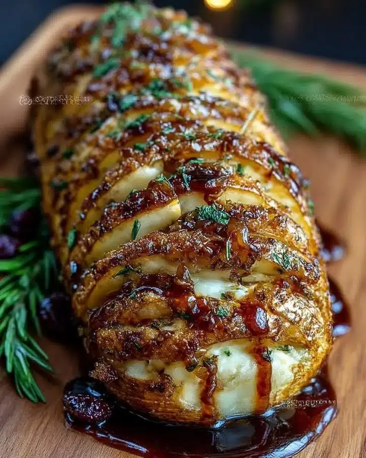 Hasselback celery root baked with brie, caramelized onions, and cranberry glaze
