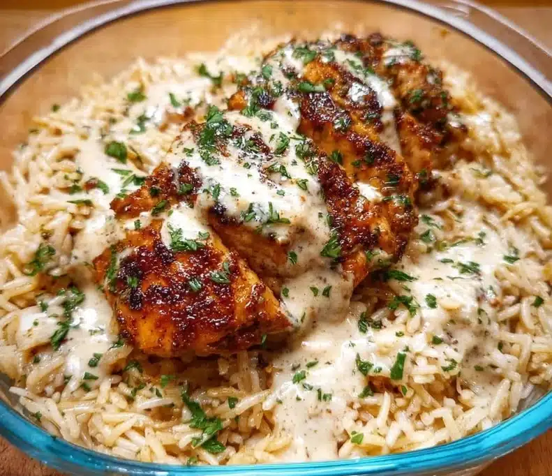 High protein creamy Cajun chicken served over rice in a bowl.
