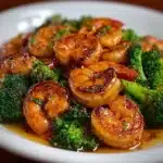 Delicious high-protein honey garlic shrimp served on a plate with vegetables.