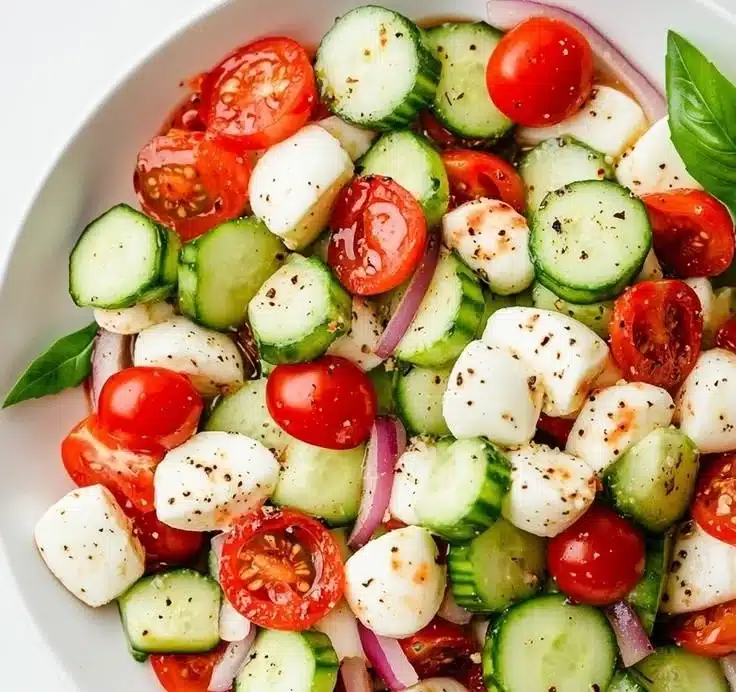Juicy Cucumber Caprese Salad featuring cucumbers, mozzarella, and basil