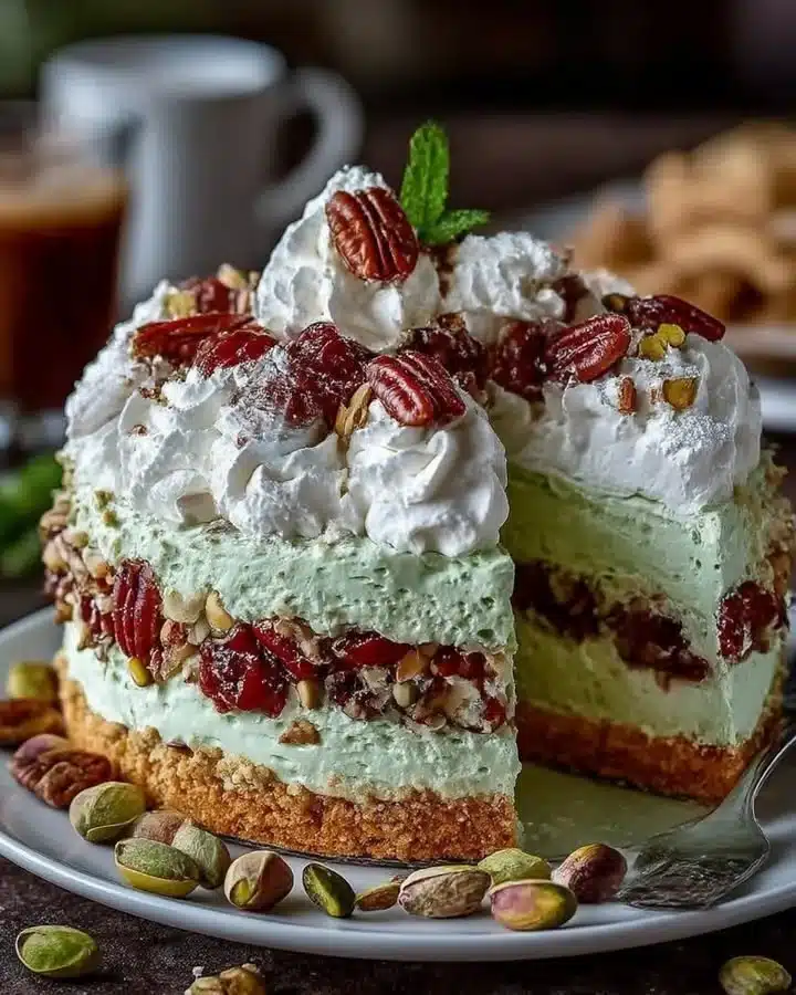 Layered pistachio cream dessert with buttery pecan shortbread crust