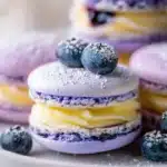 Lemon blueberry macarons on a elegant serving platter.