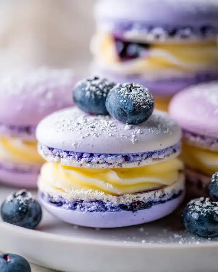 Lemon blueberry macarons on a elegant serving platter.