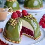 Pistachio Cheesecake Domes with Raspberry filling, a delicious dessert treat