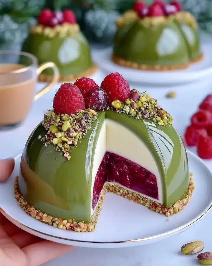 Pistachio Cheesecake Domes with Raspberry filling, a delicious dessert treat