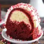 Delicious Red Velvet Bundt Cake with cream cheese frosting on a plate