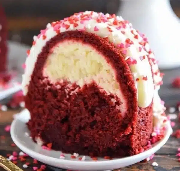 Delicious Red Velvet Bundt Cake with cream cheese frosting on a plate