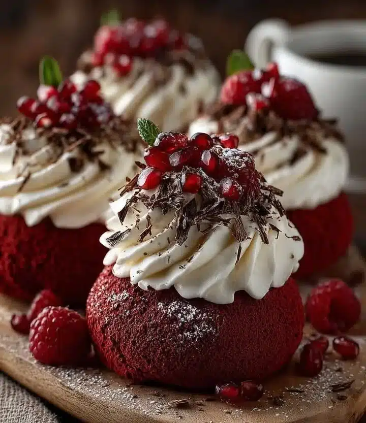 Delicious Red Velvet Pavlova Bombs with creamy filling and vibrant color.
