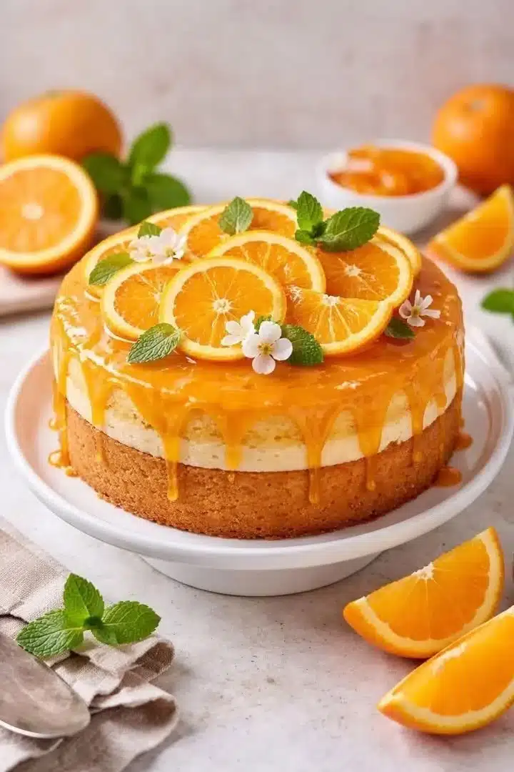 Soft and fluffy orange cake topped with fresh orange slices and zest.