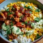Delicious Street Corn Chicken Rice Bowl with tender chicken and zesty corn