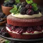 Delicious blackberry velvet cake with rich cream frosting and fresh berries on top