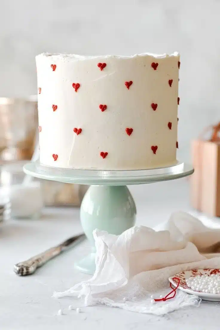 Delicious Valentine's Cake decorated with heart shapes and roses.