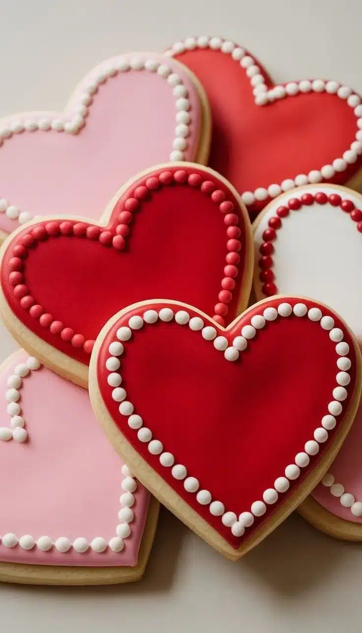 Valentine's cookie cake decorated with heart shapes and romantic colors