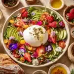 Artistic burrata salad with fresh vegetables and drizzled balsamic glaze