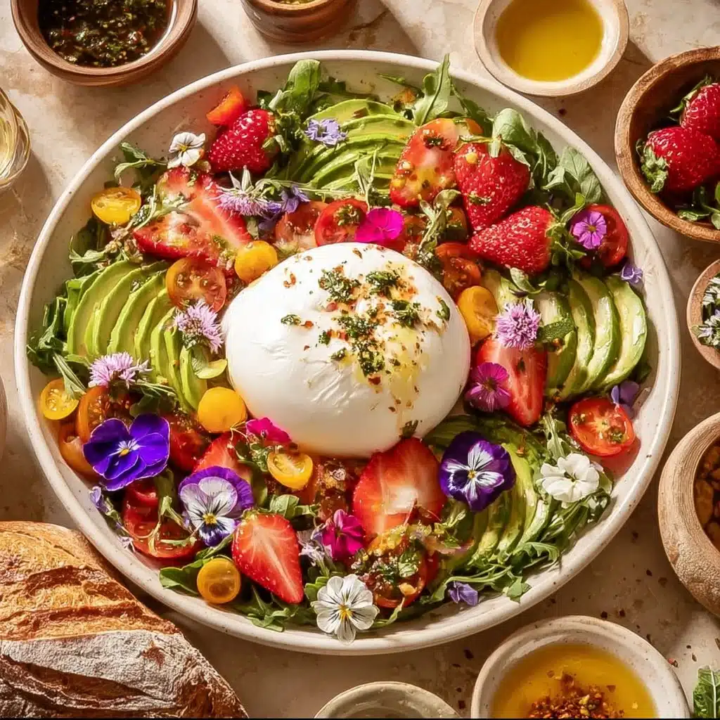 Artistic burrata salad with fresh vegetables and drizzled balsamic glaze