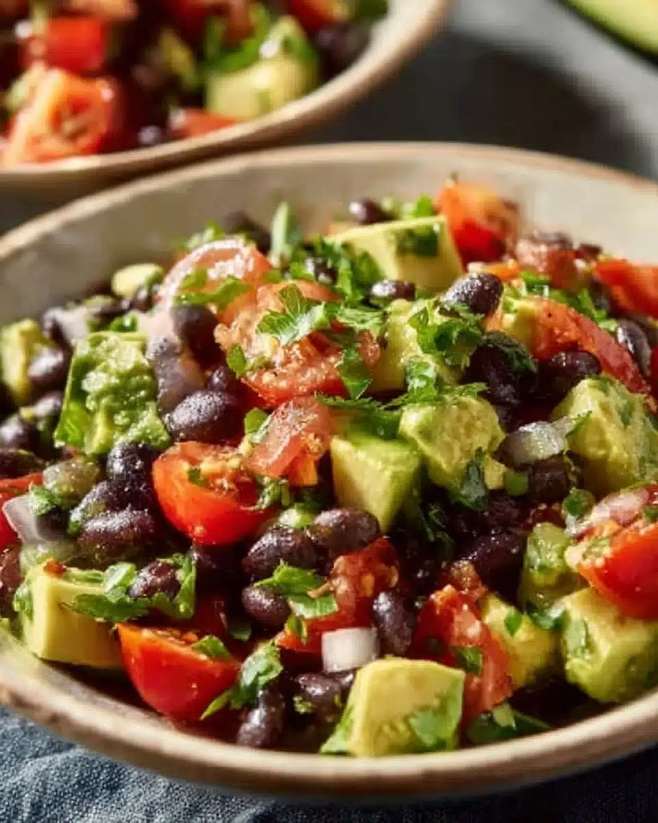 Fresh Avocado and Black Bean Salad served in a bowl