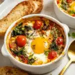 Baked feta eggs with tomatoes and spinach in a white dish