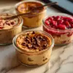 Baked protein pancake bowls topped with fresh fruits and syrup