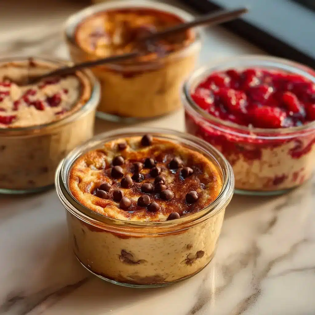 Baked protein pancake bowls topped with fresh fruits and syrup