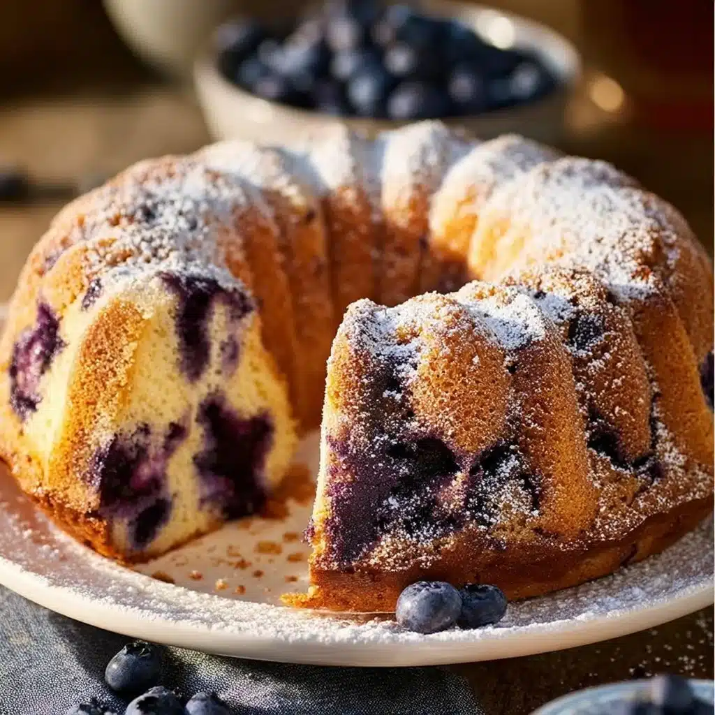 A slice of blueberry sour cream coffee cake topped with fresh blueberries.