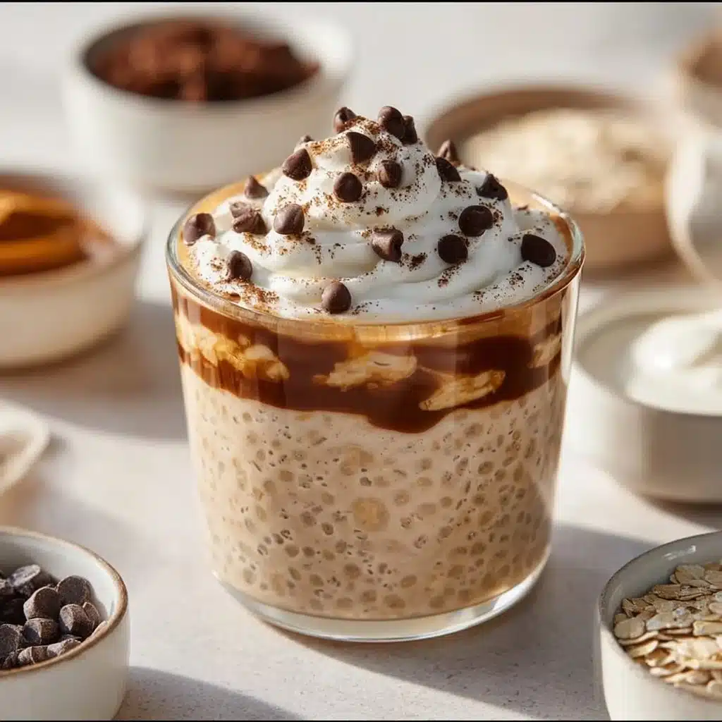 Bowl of Café Mocha Overnight Oats topped with chocolate and coffee
