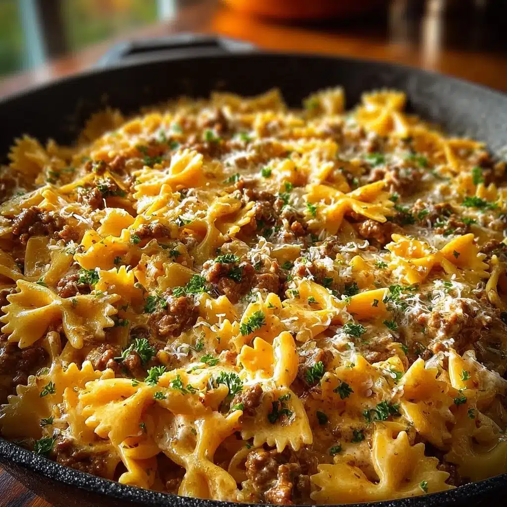 Cajun Cream Cheese Alfredo Bowties topped with spiced ground beef.