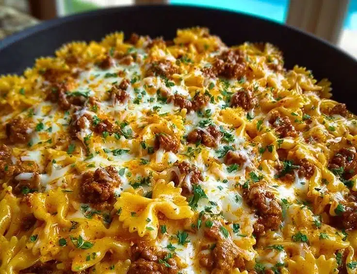 Cajun Cream Cheese Alfredo Bowties with Spiced Ground Beef