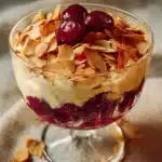 Delicious cherry almond dessert on a plate with fresh cherries and almonds.