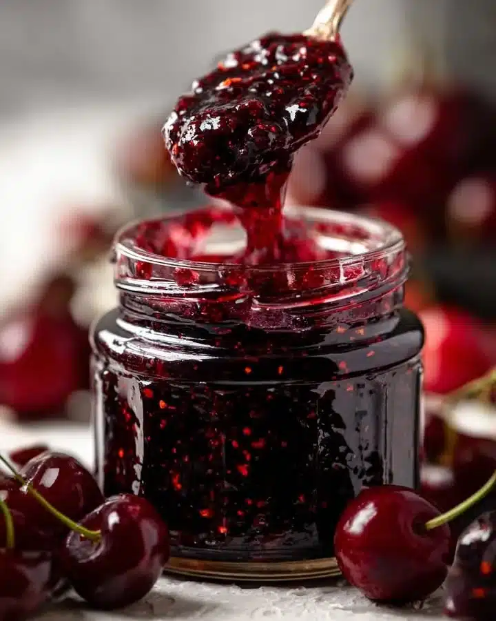 Jar of Cherry-Chipotle Firecracker Jam with vibrant red color and spicy ingredients
