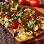 Chicken Caprese Flatbread topped with mozzarella, tomatoes, and fresh basil.