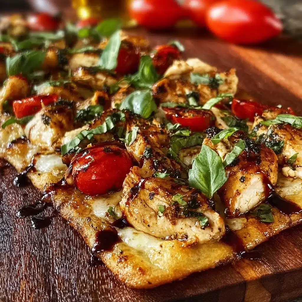 Chicken Caprese Flatbread topped with mozzarella, tomatoes, and fresh basil.