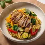 Chicken Pasta Primavera with colorful vegetables and herbs