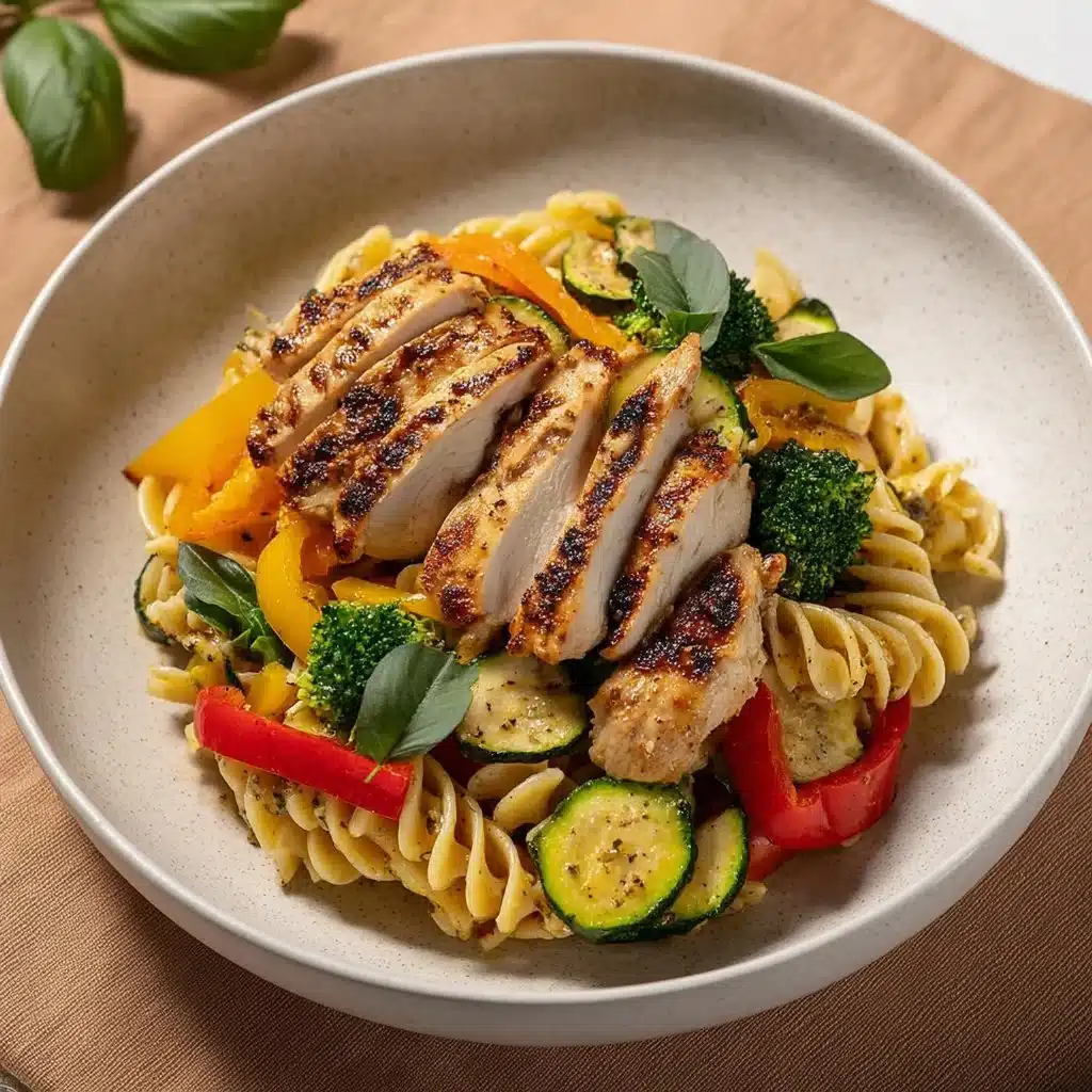 Chicken Pasta Primavera with colorful vegetables and herbs