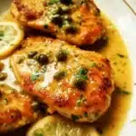 Plate of savory Chicken Piccata with lemon and capers