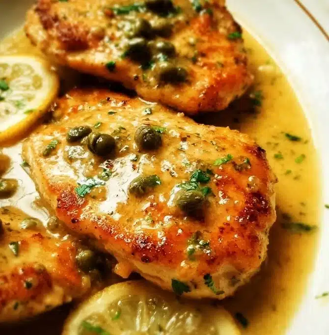 Plate of savory Chicken Piccata with lemon and capers