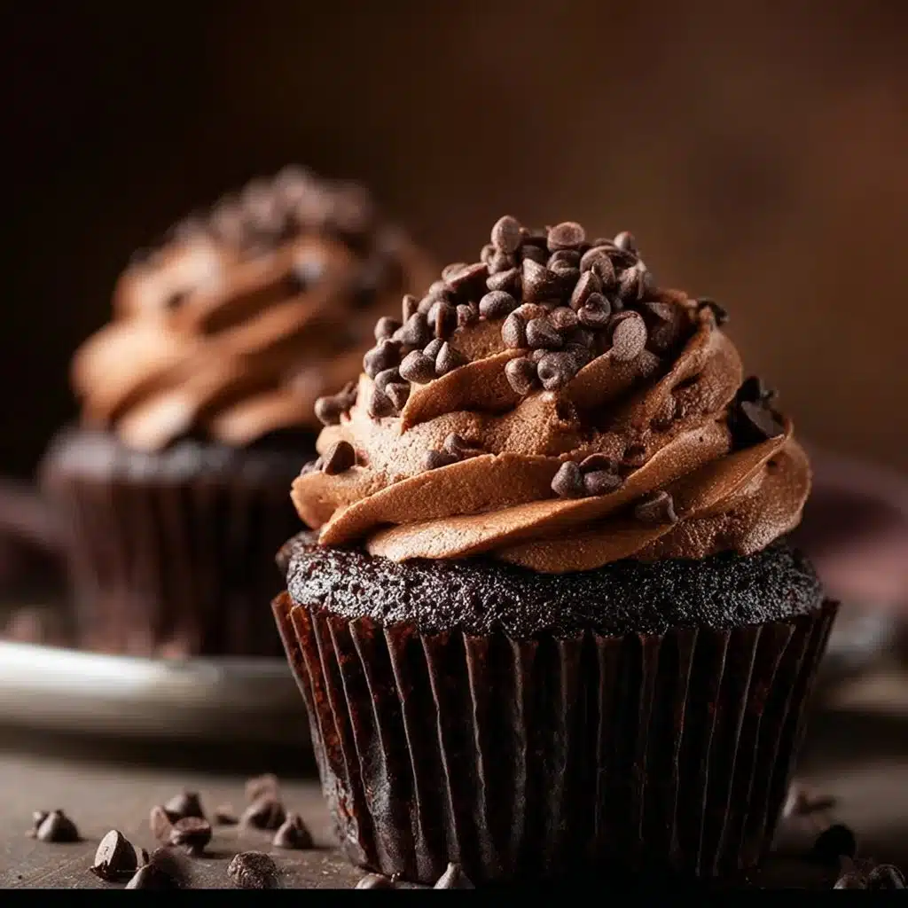 Delicious chocolate cupcakes topped with creamy frosting on a plate