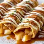 Delicious cinnamon caramel apple pie enchiladas served on a plate