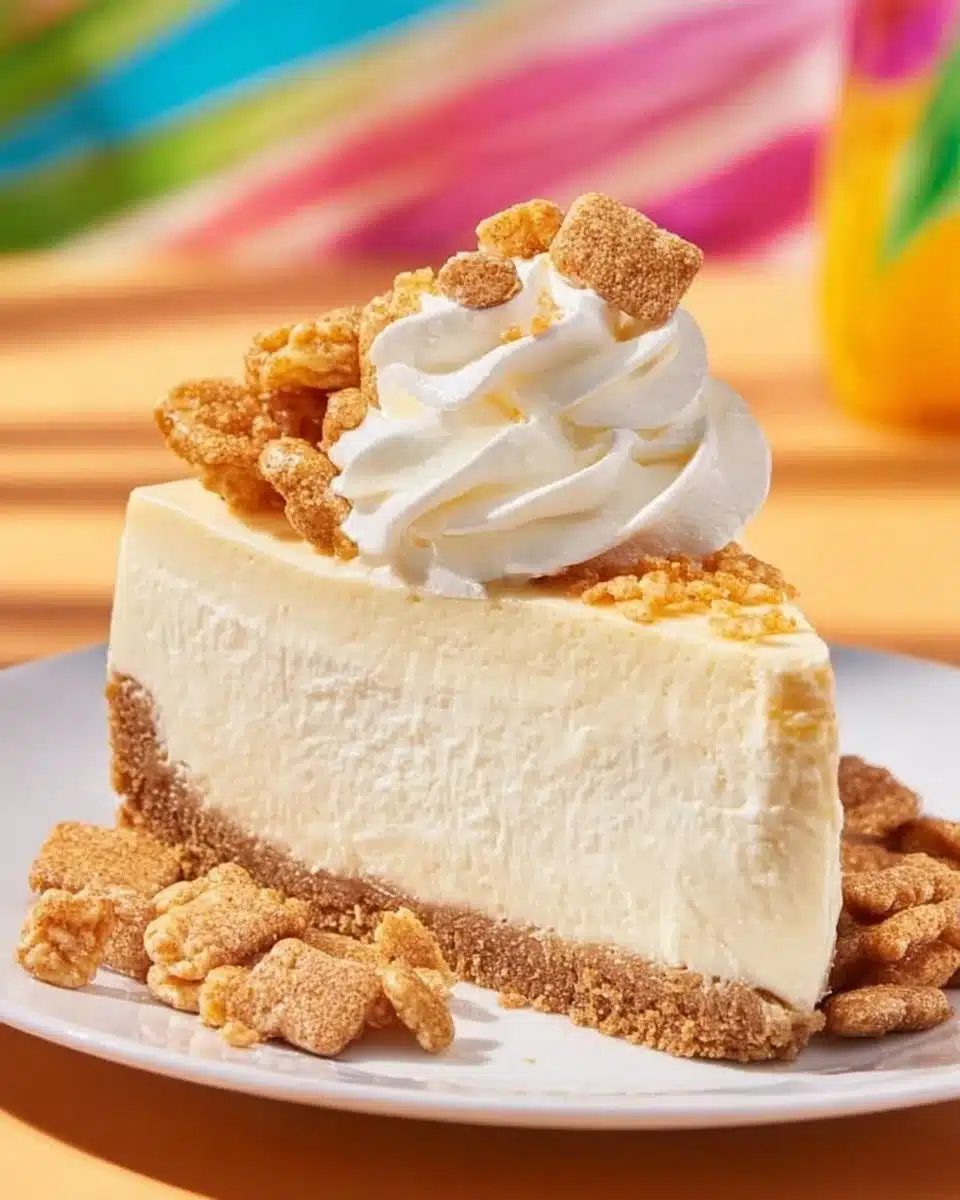 Delicious homemade Cinnamon Toast Crunch Cheesecake topped with crunchy cereal.