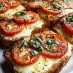 Classic tomato basil garlic bread with fresh ingredients and golden crust.