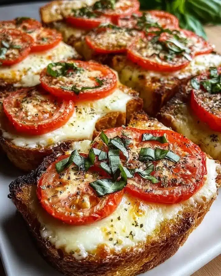 Classic tomato basil garlic bread with fresh ingredients and golden crust.
